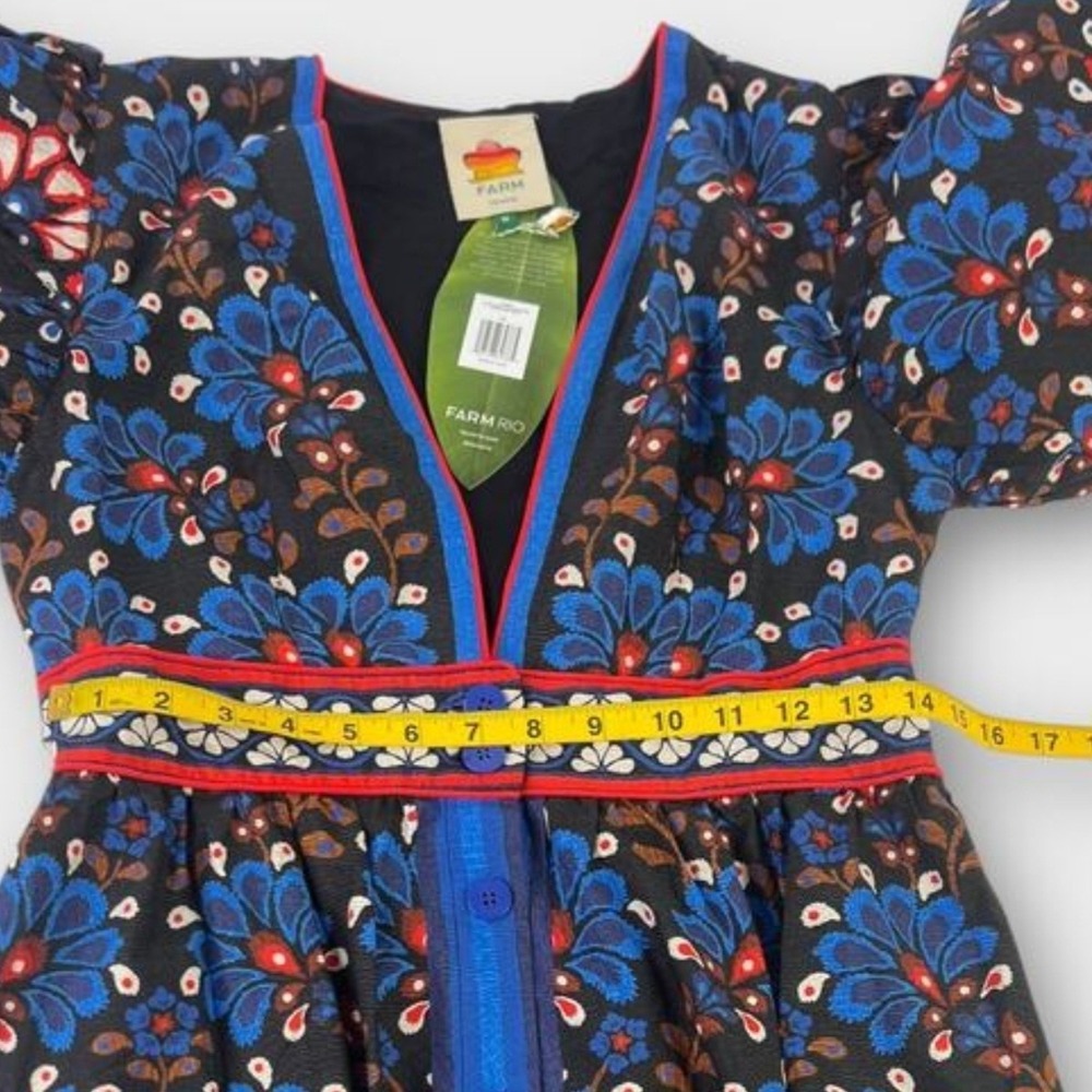 FARM RIO Latina Scarf Mini Dress Sz Medium Blue Mosaic Floral Cotton Long Sleeve - Picture 16 of 16